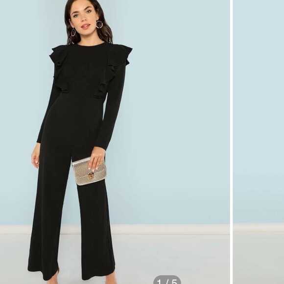 SHEIN Black Ruffled long Sleeved Palazzo Jumpsuit